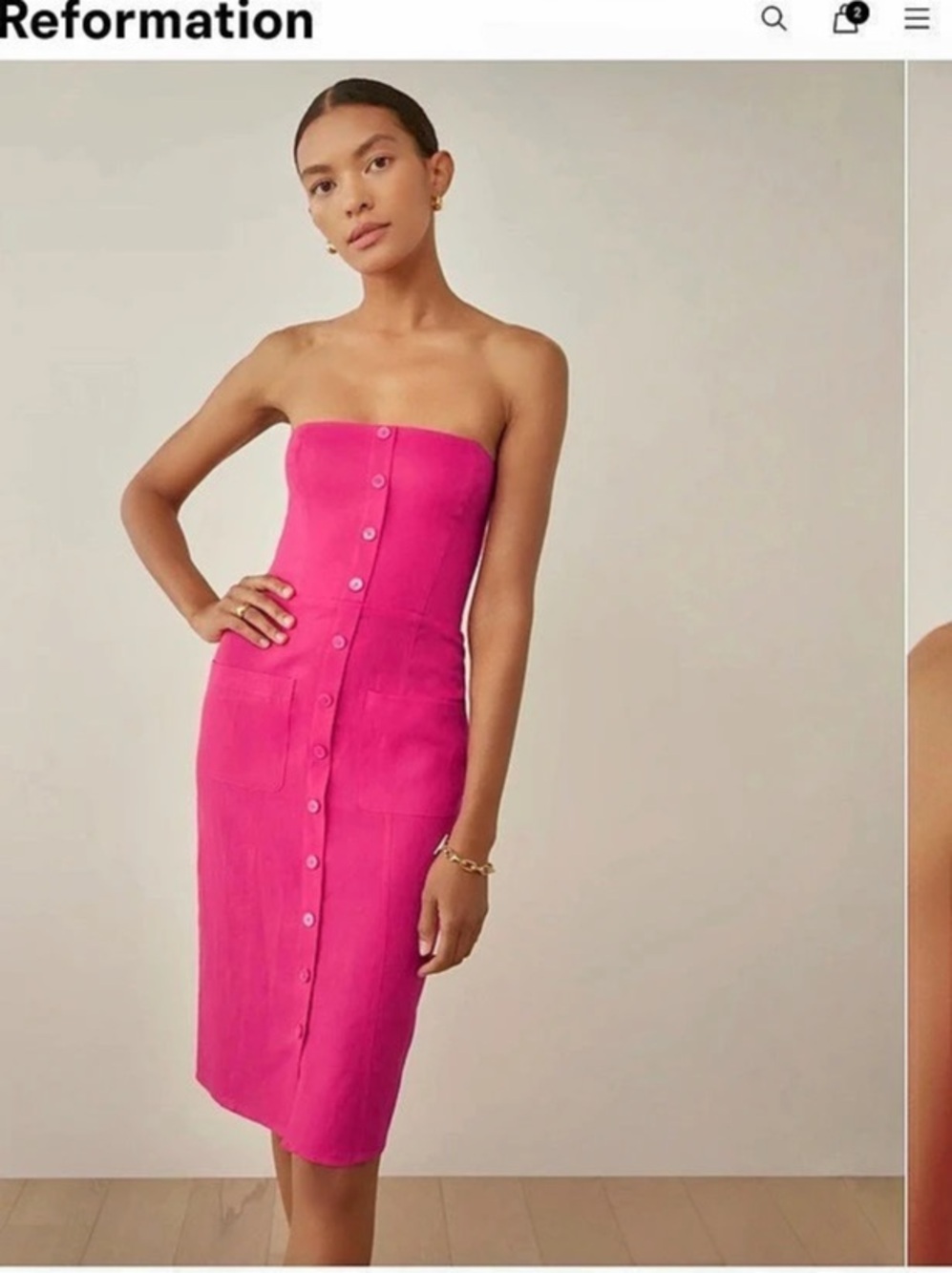 Reformation Prescott Linen Dress Strapless Midi Pink. Size 8